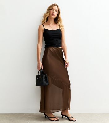 Brown Asymmetric Panelled Satin And Chiffon Midi Skirt