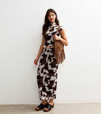 Brown Cow Print Mesh Midi Skirt