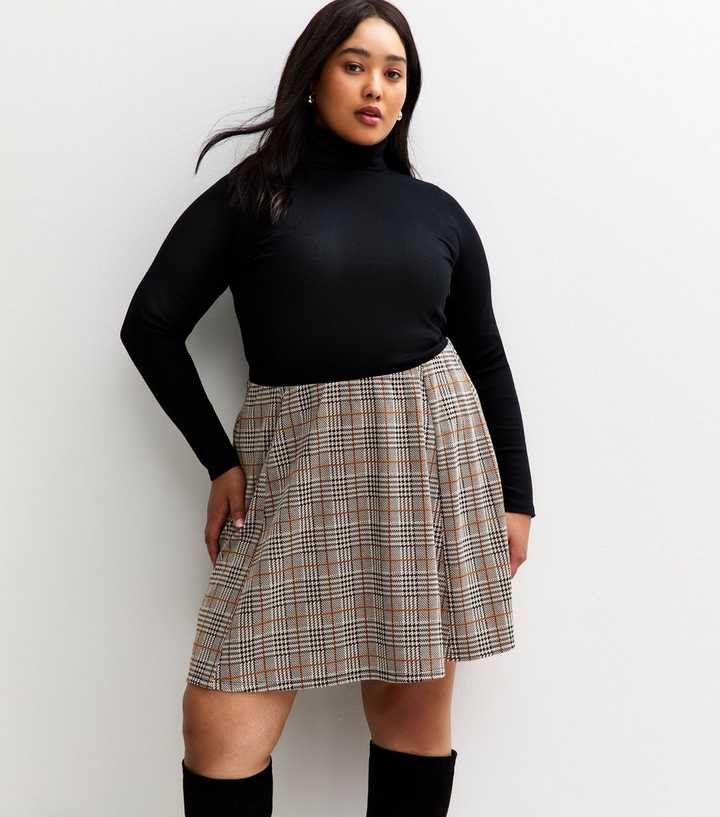 Curves Brown Checked Mini Skirt