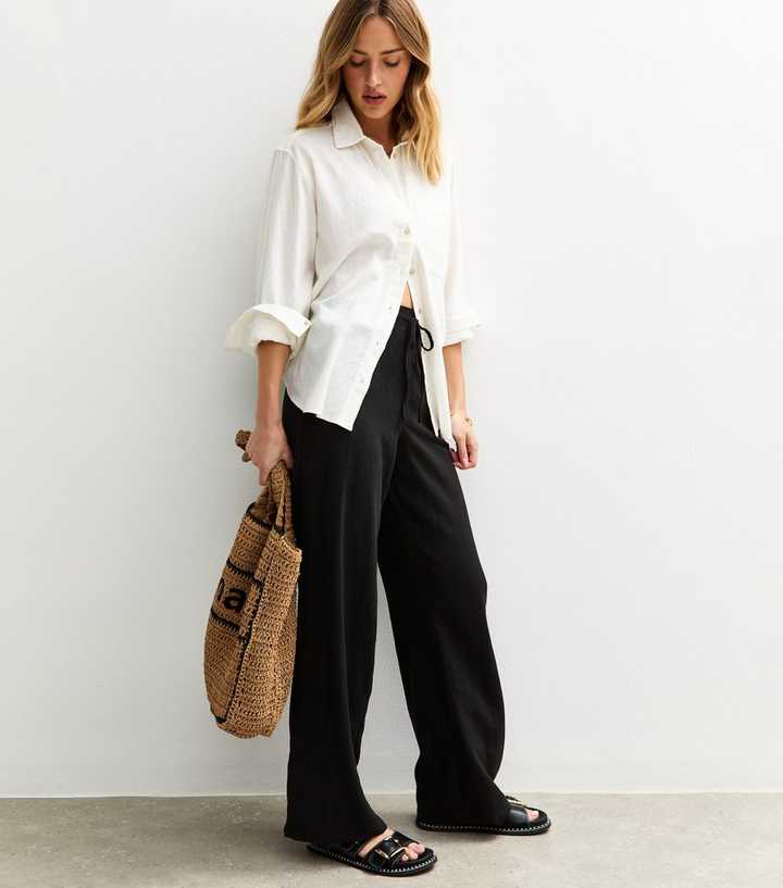 Black Linen Look Wide Leg Trousers