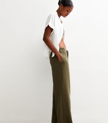 Dark Khaki Linen Look Wide Leg Trousers