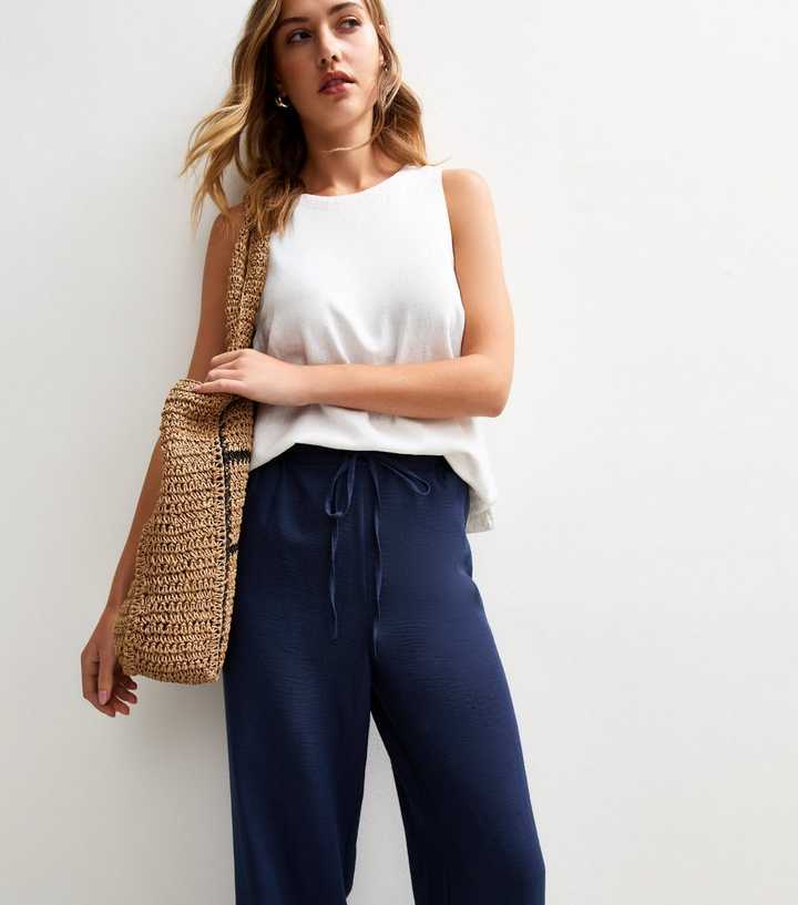 Navy Linen Look Wide Leg Trousers