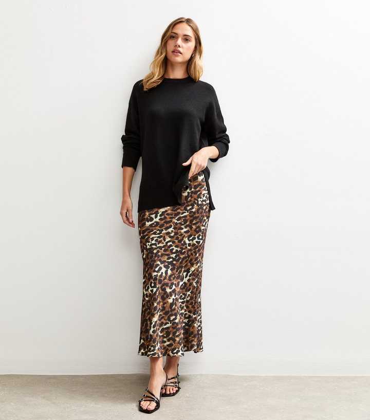 Brown Animal Print Satin Bias Cut Midi Skirt