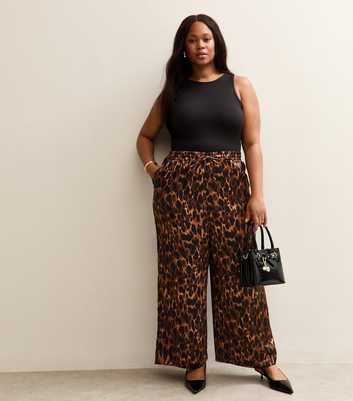 Curves Brown Leopard Print Satin Wide Leg Trousers