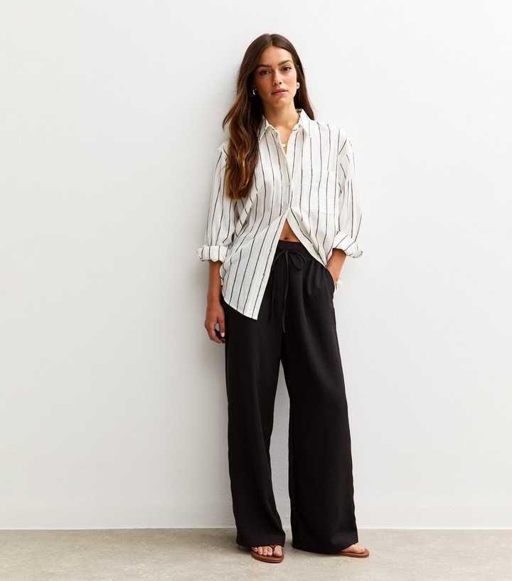 Petite Black Linen Look Wide Leg Trouser