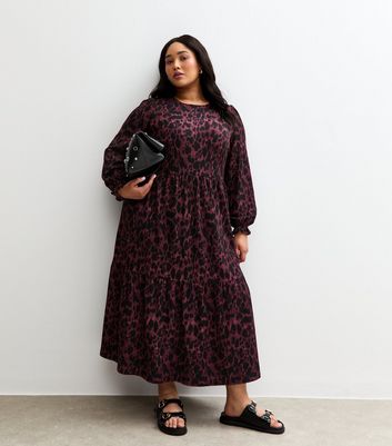 Curves Red Leopard Print Crinkle Smock Midi Dress