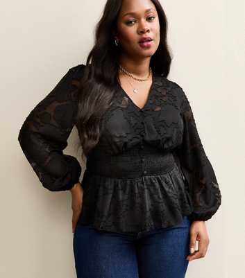 Curves Black Floral Jacquard Long Sleeve Blouse
