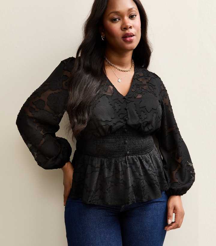 Curves Black Floral Jacquard Long Sleeve Blouse