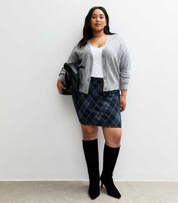 Curves Blue Checked Jacquard Tube Skirt