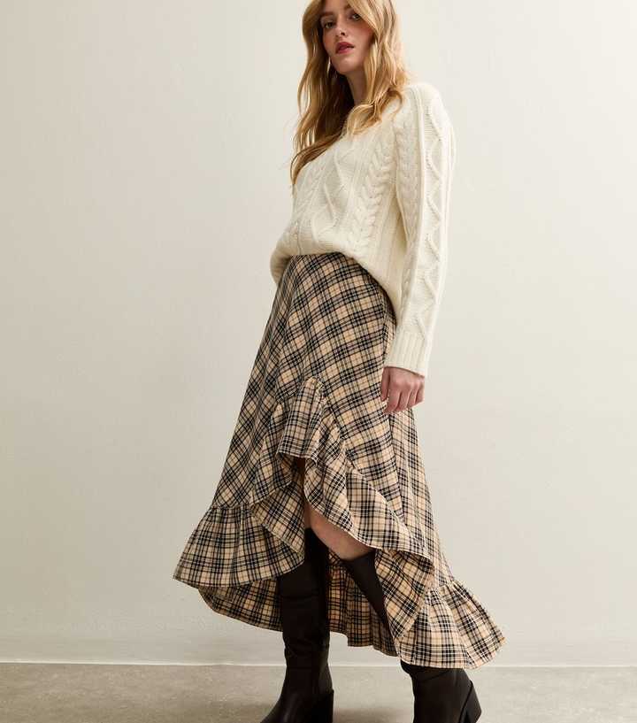 Brown Checked Ruffle Hem Midi Skirt