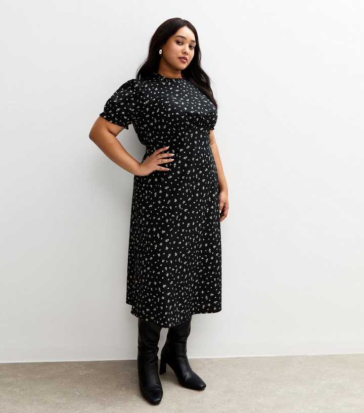 Curves Floral Print Short Sleeve Crepe Midi Dress