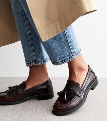 Brown Faux Leather Tassel Charm Almond Toe Loafers