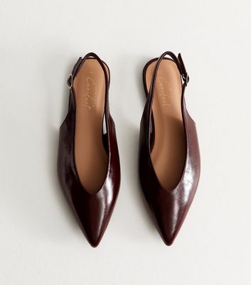 Dark Burgundy Faux Leather High Vamp Slingback Ballerina Flats