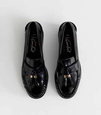 Wide Fit Black Patent Faux Leather Tassel Detail Loafers
