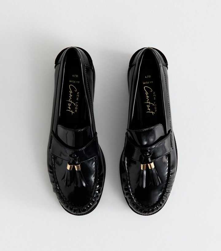 Wide Fit Black Patent Faux Leather Tassel Detail Loafers