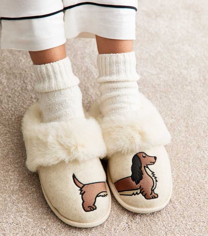 Cream Sausage Dog Embroidered Slippers