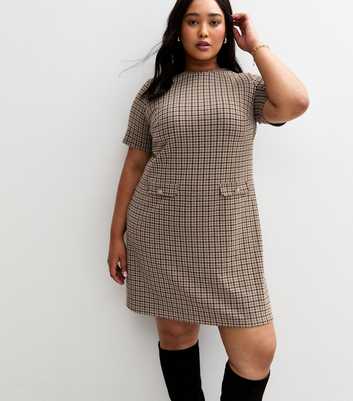 Brown Houndstooth Check Pattern Faux Pocket Mini Shift Dress