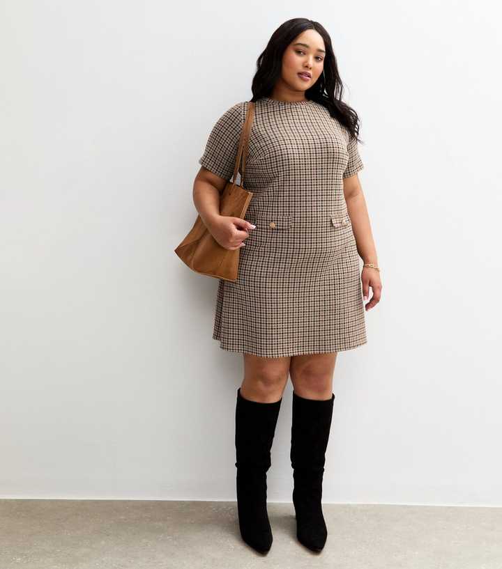 Brown Houndstooth Check Pattern Faux Pocket Mini Shift Dress | New Look