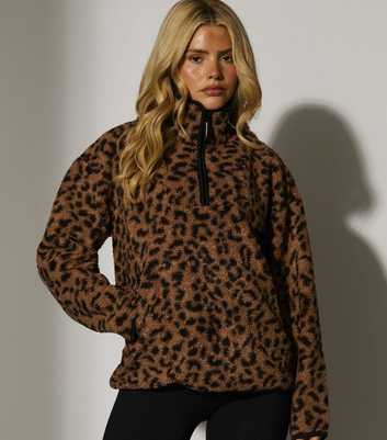 South Beach Brown Leopard Print Borg Quarter Zip Jacket