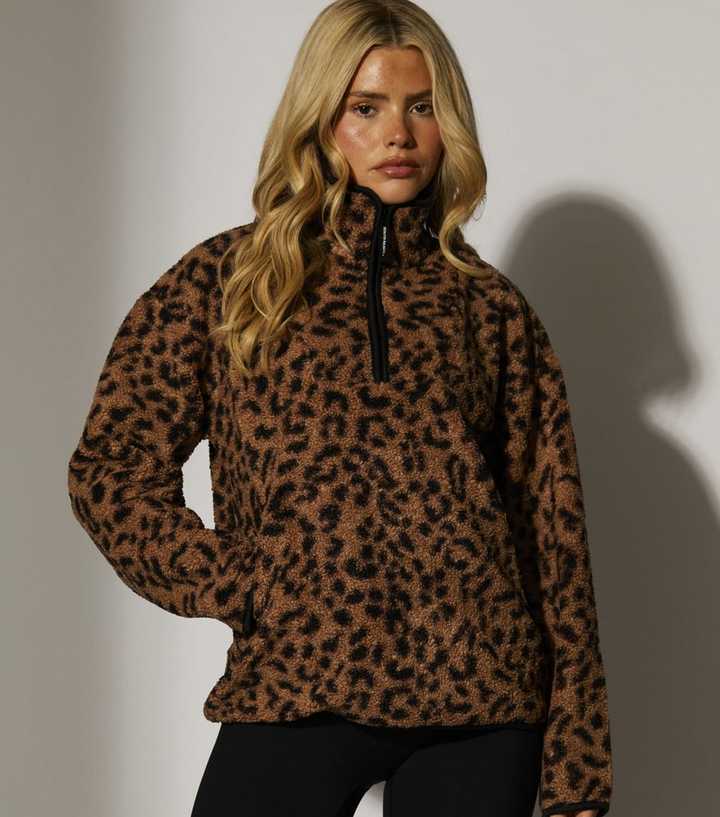 South Beach Brown Leopard Print Borg Quarter Zip Jacket