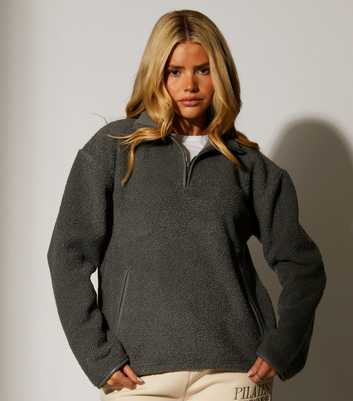South Beach Grey Fleece Back Faux Shearling Quarter Zip Jumper