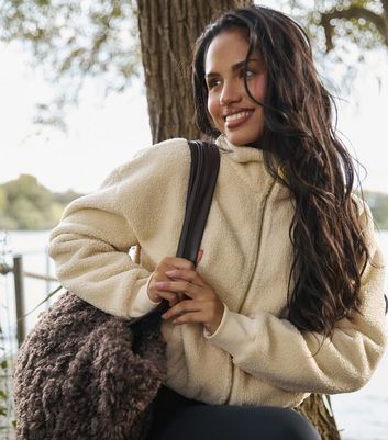 South Beach Cream Fleece Back Faux Shearling Zip Front Crop Jacket