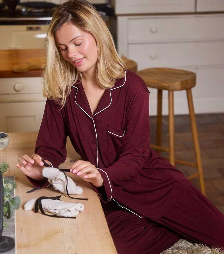 Loungeable Dark Purple Contrast Piping Shirt and Trousers Pyjama Set