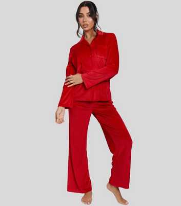 Loungeable Red Super Soft Velour Rib Buttoned Pyjama Set