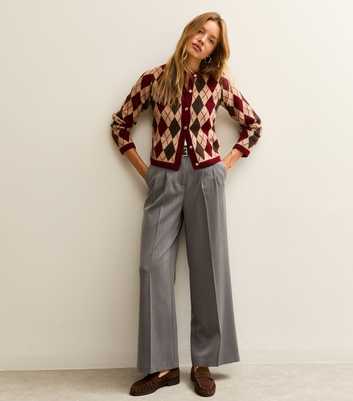 Grey Belted Wide Leg Tailored Trousers