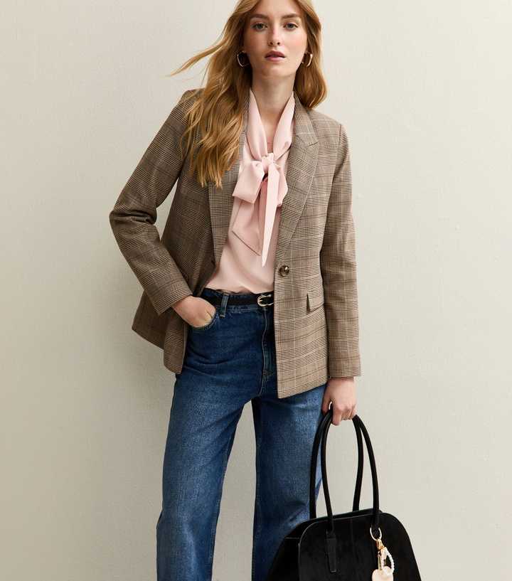 Brown Checked Single Breasted Blazer