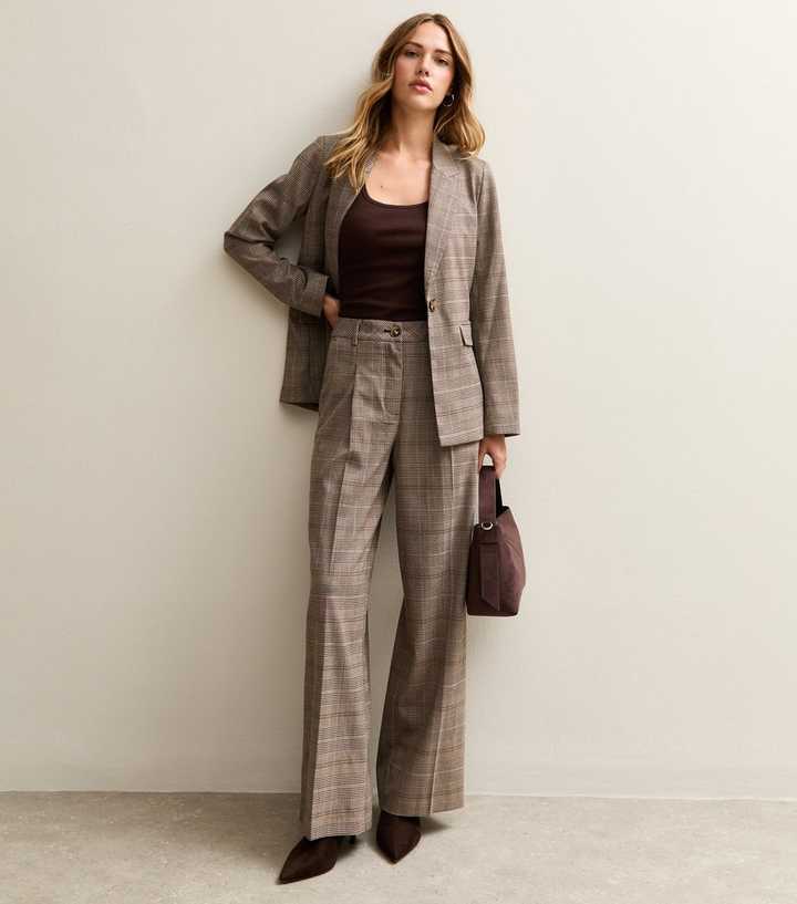 Brown Checked Wide Leg Pleat Front Trousers