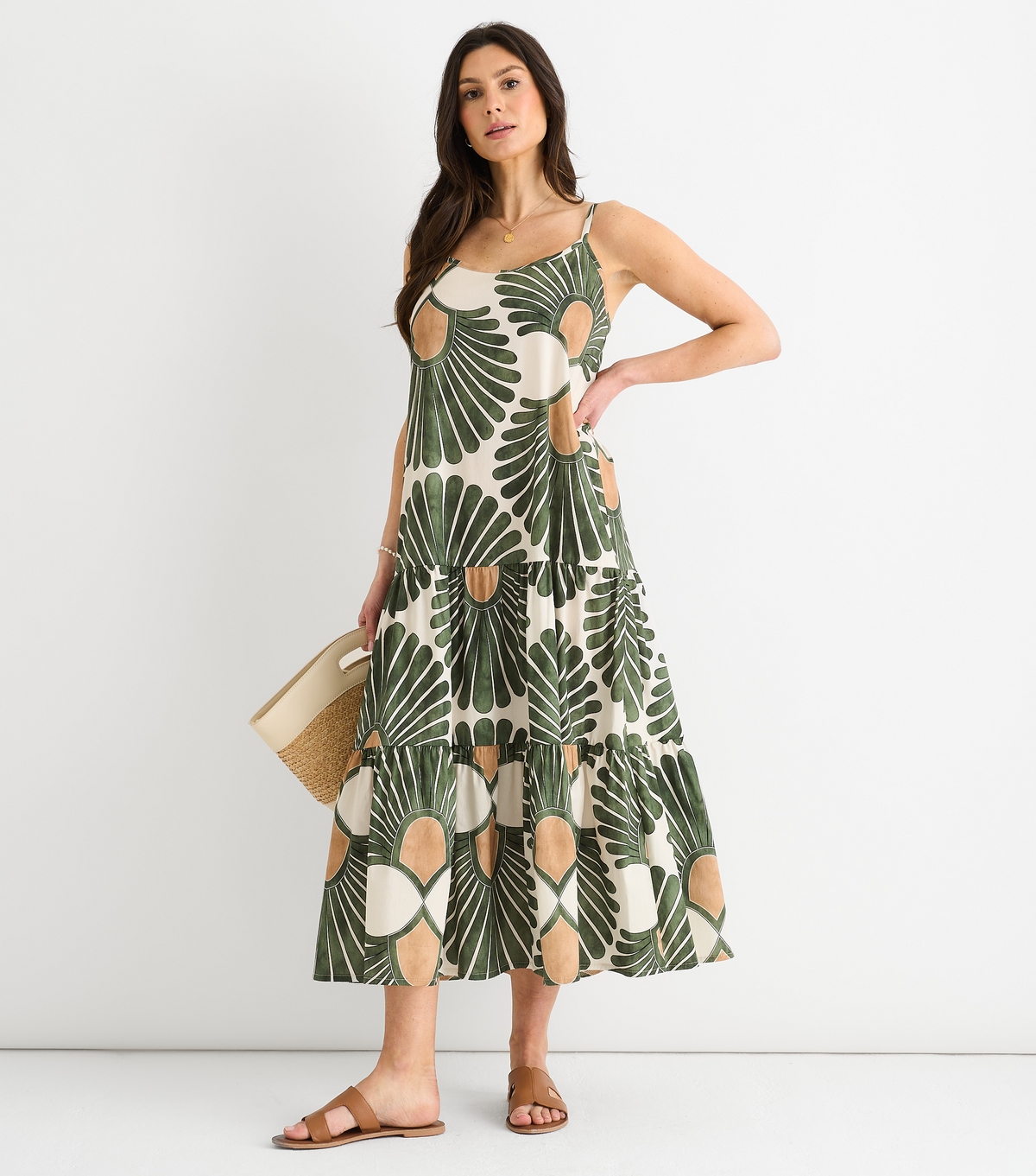 Gini London Women's Green Floral Print Tiered Hem Midi Dress New Look Large