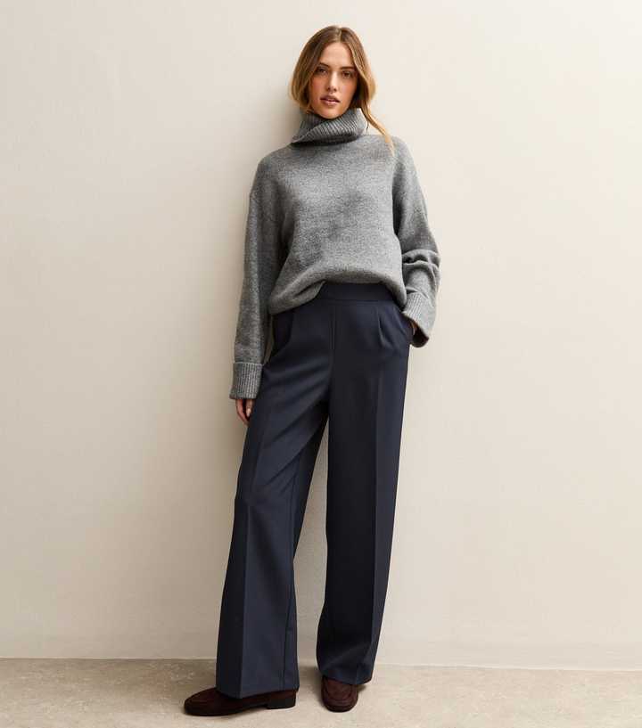Navy Pull On Wide Leg Trousers