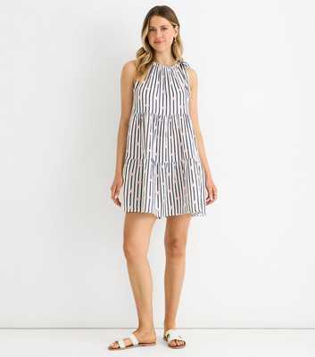 Gini London Navy Striped Floral Print Tiered Mini Dress