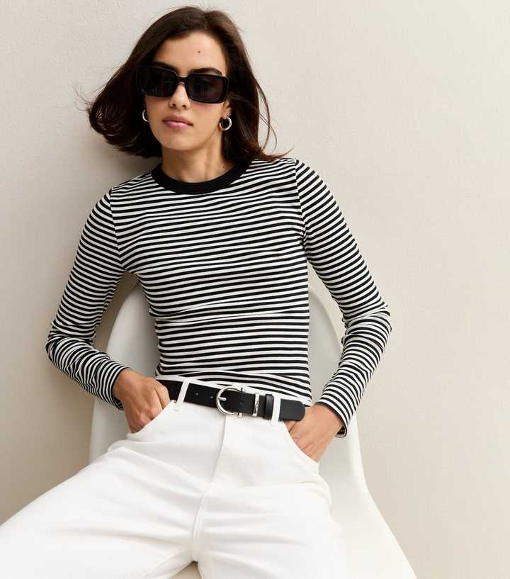 Black and White Striped Long Sleeve Ribbed Jersey Top