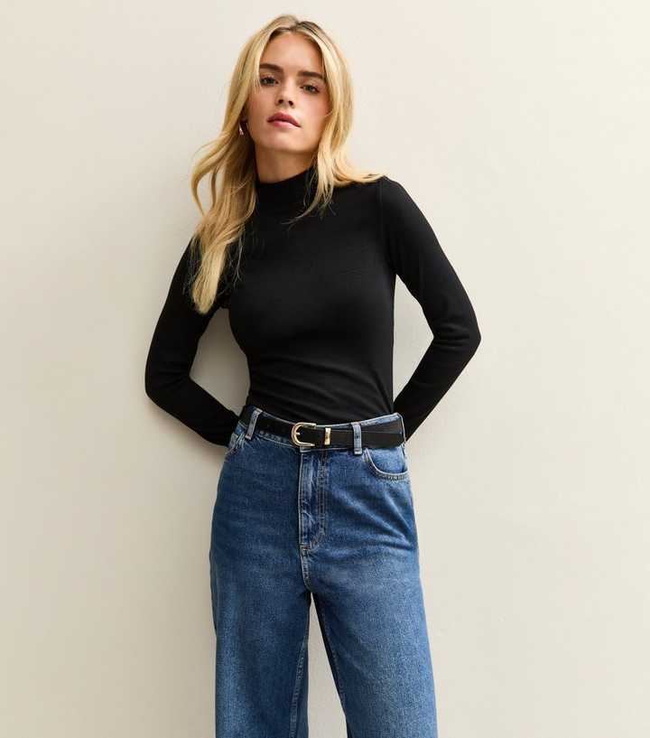 Petite Black High Neck Long Sleeve Top