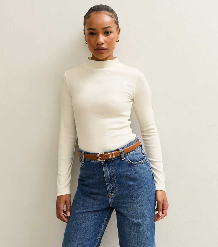 Petite Cream High Neck Long Sleeve Top