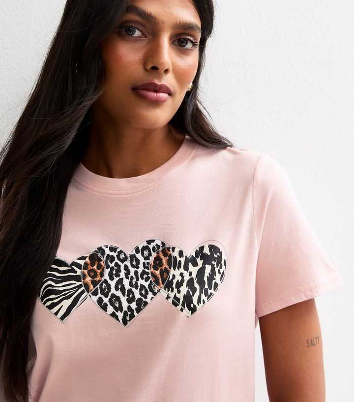 Light Pink Patterned Heart Print T-Shirt