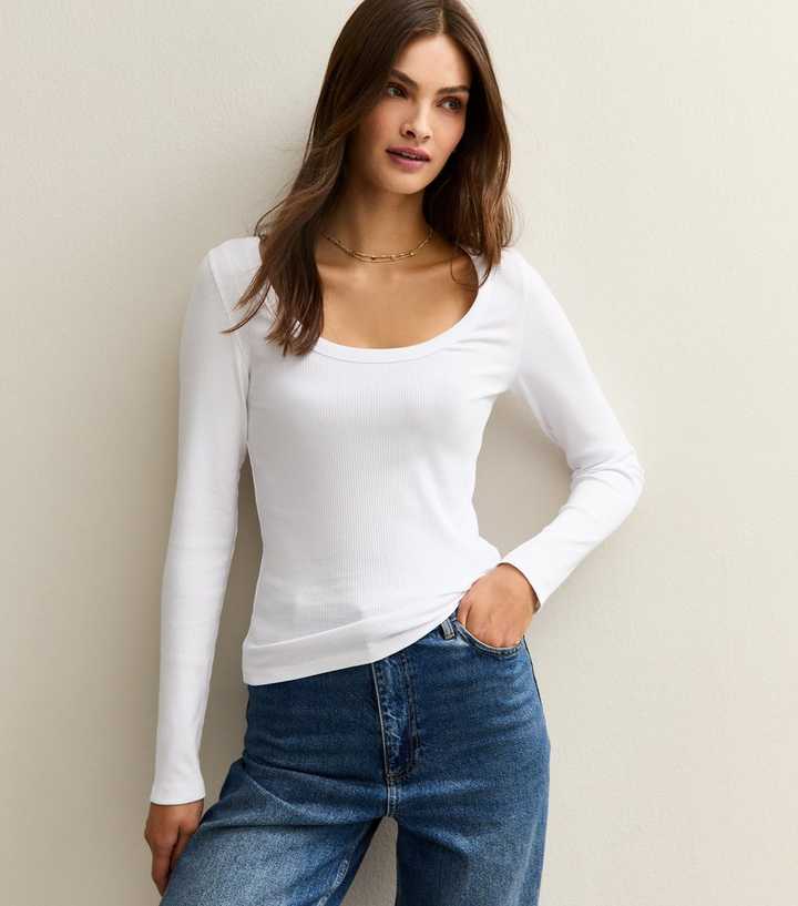 Tall White Scoop Neck Long Sleeve Top