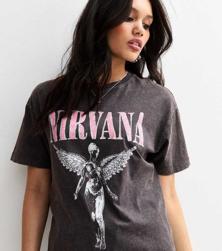 Dark Grey Oversized Acid Wash Nirvana Angel Print T-Shirt