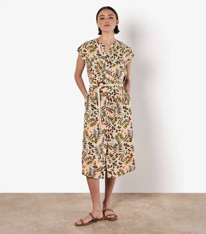 Apricot Stone Leaf Print Belted Midi Shirt Dress
