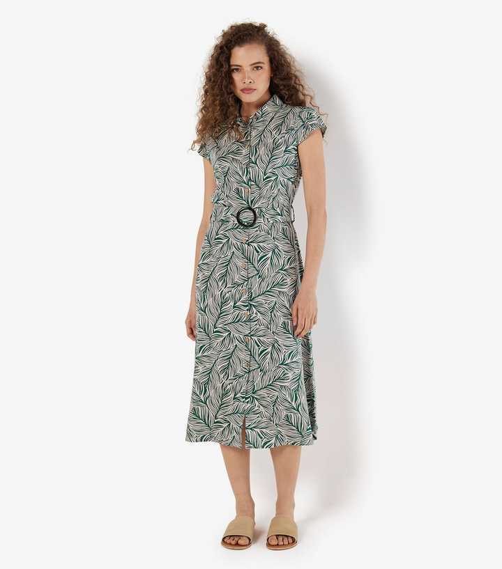 Apricot Green Leaf Print Belted Midi Shirt Dress