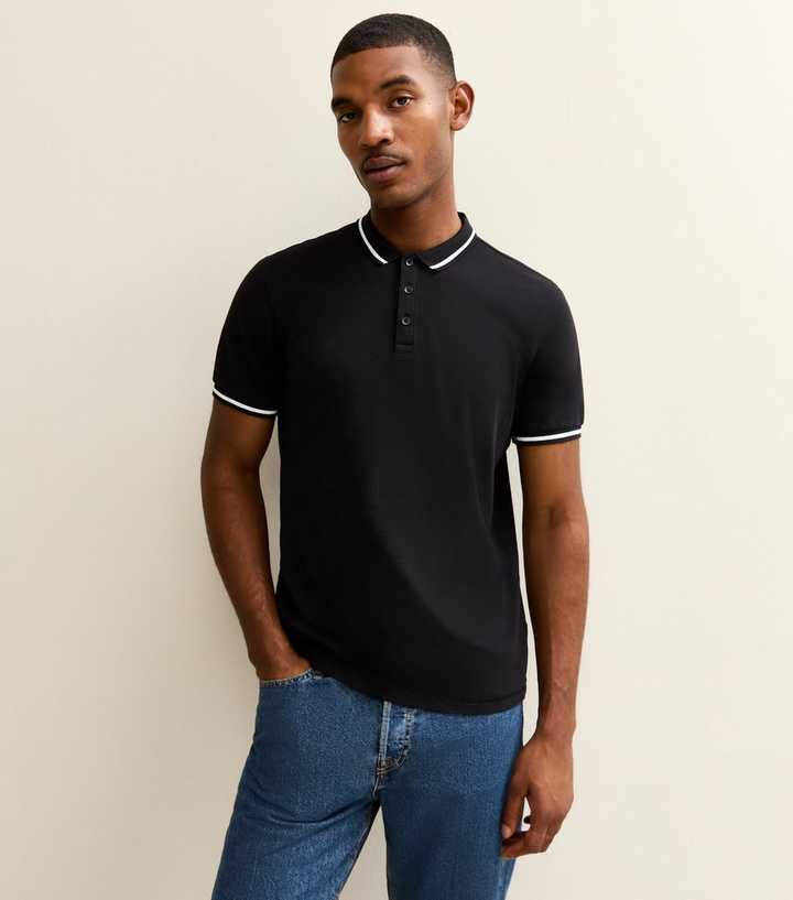 Black Regular Contrast Tipping Pique Polo Top