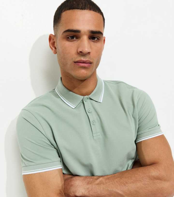 Light Green Regular Contrast Tipping Pique Polo Top