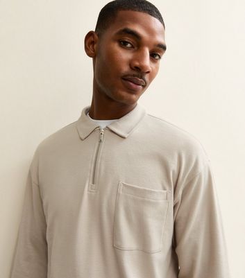 Stone Relaxed Quarter Zip Polo Collar Top | New Look