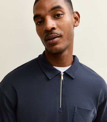 Navy Relaxed Quarter Zip Polo Collar Top