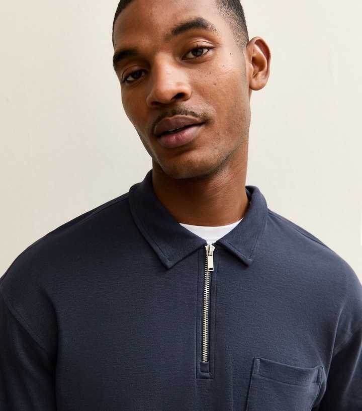 Navy Relaxed Quarter Zip Polo Collar Top
