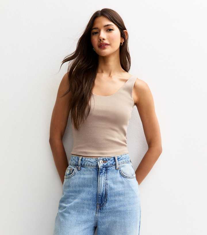 Brown Scoop Neck Cropped Vest Top