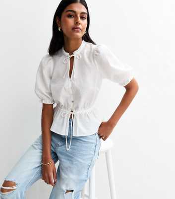 Cream Crinkled Tie Neck Top