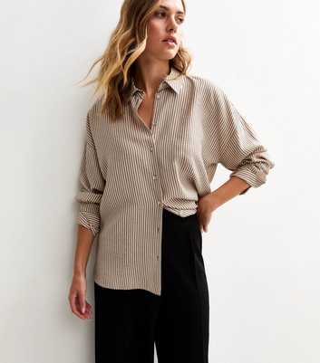 Brown Crinkle Texture Striped Long Sleeve Shirt